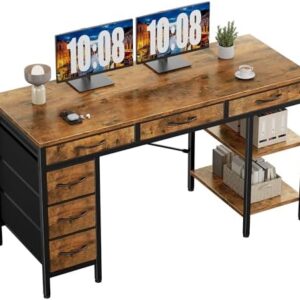 Sweetcrispy 55" Computer Desk with 6 Drawers, Home Office Gaming Desks with Storage Shelves for Bedroom, Writing Study Corner Living Room Work Table Rustic Brown