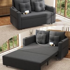 3 in 1 Sofa Bed, 56 Inch Convertible Pull Out Couch, Loveseat Sleeper Sofa with Cup Holders, USB, Sofa Couches for Living Room, Bedroom, Apartment, Dark Grey