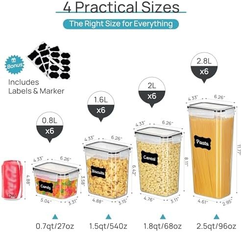 Airtight Food Storage Containers with Lids, Vtopmart 24 pcs Plastic Kitchen and Pantry Organization Canisters for Cereal, Dry Food, Flour and Sugar, BPA Free, Includes 24 Labels,Black