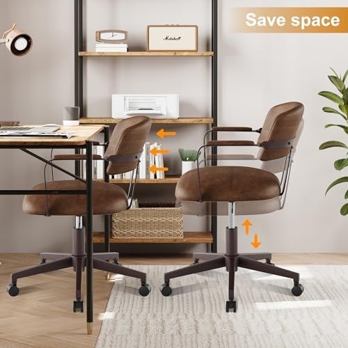 Home Office Desk Chair, Mid-Century Modern Desk Chair with Padded Arms, Adjustable Seat Height, Mid Back 360° Small Computer Chair with Mobile Mute Wheel, PU Leather (Brown)