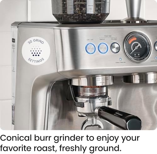 Chefman Crema Supreme 15 Bar Espresso Machine with Milk Frother, Barista Steam Wand, Professional Coffee Maker with Coffee Grinder, 30 Grind Settings, 3L Removable Water Tank - Stainless Steel