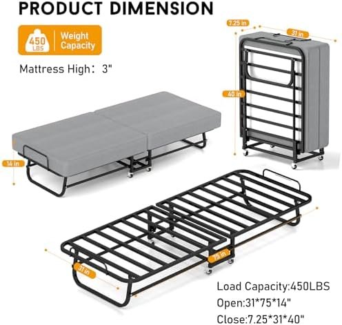 Folding Bed with Mattress, Portable Foldable Bed for Adults, Roll Away Guest on Wheels, Memory Foam Mattress and Metal Frame, Space Saving Fold Up for Easy Storage