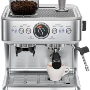 Chefman Crema Supreme 15 Bar Espresso Machine with Milk Frother, Barista Steam Wand, Professional Coffee Maker with Coffee Grinder, 30 Grind Settings, 3L Removable Water Tank - Stainless Steel