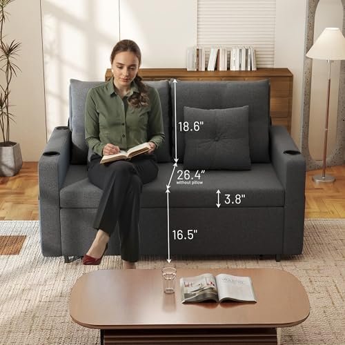 3 in 1 Sofa Bed, 56 Inch Convertible Pull Out Couch, Loveseat Sleeper Sofa with Cup Holders, USB, Sofa Couches for Living Room, Bedroom, Apartment, Dark Grey