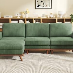 Vesgantti 97" L-Shape Modular Sofa, 3-Seat Corduroy Couch with Movable Ottoman, Sectional Sofa for Living Room, Green