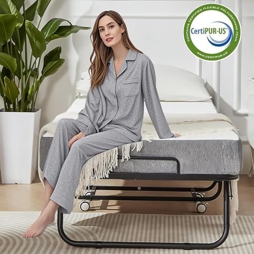 75" x 31" Folding Bed with Mattress for Adults, Portable Rollaway Beds with Memory Foam Mattress & Super Strong Frame, Convenient Foldable Roll Away Bed for Storage