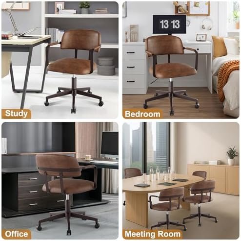 Home Office Desk Chair, Mid-Century Modern Desk Chair with Padded Arms, Adjustable Seat Height, Mid Back 360° Small Computer Chair with Mobile Mute Wheel, PU Leather (Brown)