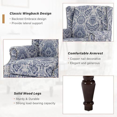 Wingback Accent Chairs Set of 2, High Back Upholstered Armchair for Living Room, Printed Fabric Wingback Arms Chairs with Wood Legs, Single Sofa Reading Chair for Bedroom Office, Navy