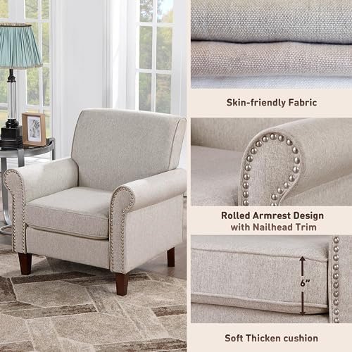 Prilinex Upholstered Living Room Chair Set of 2 - Large Comfy Fabric Accent Chair Single Sofa with Cushion, Rolled Armrest & Nailhead Trim, Mid Century Farmhouse Armchair for Bedroom, Office, Beige
