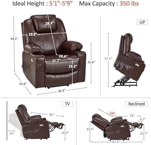 MCombo Electric Power Lift Recliner Chair Sofa with Massage and Heat for Elderly, 3 Positions, 2 Side Pockets, and Cup Holders, USB Ports, Faux Leather 7040 (Dark Brown, Medium)