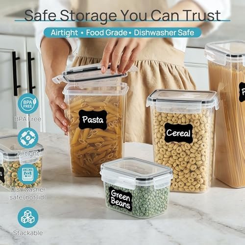 Airtight Food Storage Containers with Lids, Vtopmart 24 pcs Plastic Kitchen and Pantry Organization Canisters for Cereal, Dry Food, Flour and Sugar, BPA Free, Includes 24 Labels,Black