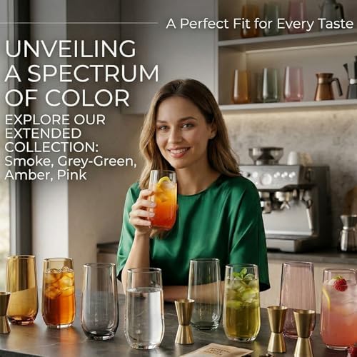 Smokey Sand Drinking Glasses Set of 6 | Translucent Brown Glassware | 16 oz Brown Glass Cups | Highball Drinkware for Cocktails, Long Drink, Mojito, Juice, Soda | Modern Tortoise Drinkware