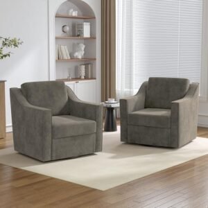 Swivel Accent Chairs Set of 2, 360° Swivel Upholstered Club Armchairs for Living Room, Comfy Single Sofa Reading Chair with Deep Seat, Metal Swivel Base, Chenille Fabric, Sand