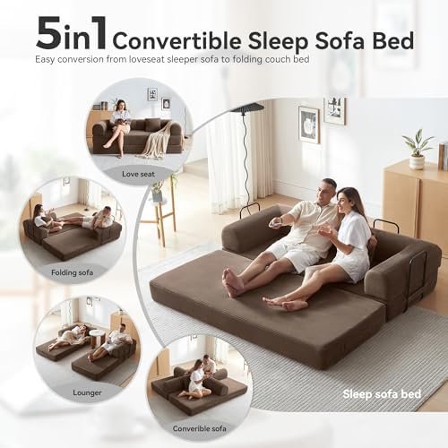 Convertible Modular Sleeper Sofa Bed, Mid Century Modern Decor Love Seat Memory Foam Couches, Sleeper Sofa Bed for Living Room, Solid & Easy to Install Cloud Couch (Brown)