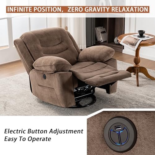 Power Swivel Rocker Recliner with Massage and Heat, USB Port, Infinite Position, Oversized Electric Glider Rocking Chairs Living Room, Soft Fabric Reclining Sofa Chair(Mocha)
