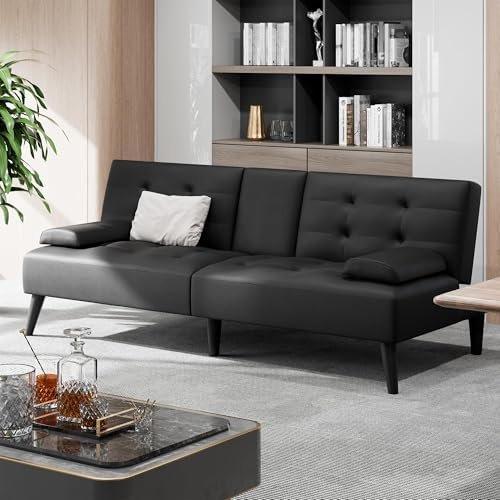 Futon Sofa Bed,Leather Foldable Couch,Reclining Sleeper with Removable Armrests,Upholstered Loveseat Sofa Couch with Folding Cup Holders for Home,Black