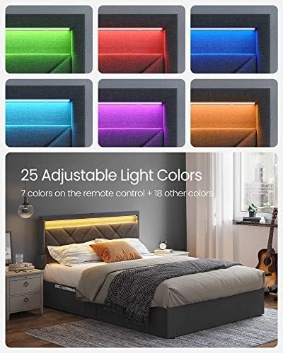 VASAGLE LED Bed Frame Full Size, Full Bed with Headboard and 4 Drawers, 1 USB Port and 1 Type C Port, Adjustable Upholstered Headboard 37.1/39.6 Inches, No Box Spring Needed, Dark Gray URMB822G71
