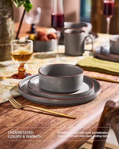 Famiware Nebula Ridge Stoneware Dinnerware Sets, Plates and Bowls Sets for 4, 12 Pieces Dishes Set, Microwave and Dishwasher Safe Kitchen Plates, Dark Gray