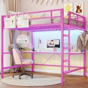 DICTAC Loft Bed Full Size with Desk and Led Lights Pink Full Loft Bed with Desk and Charging Station Girls Full Size Bed Frame with Desk Underneath and Safety Guard & Ladder, Space-Saving,Pink