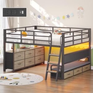 Low Loft Bed Full Size with Desk,Full Bed Frame with 9 Storage Drawers, Kids Loft Bed with 15.8" H Safety Guardrail,Sofa,LED Lights & Charging Station,Spave Saving,Oak Gray