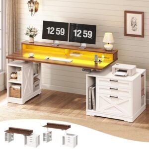SEDETA Farmhouse Electric Standing Desk, 55" Height Adjustable Computer Desk with 3 Drawers, File Cabinet, Storage Shelves, Power Outlets, Wood Home Office Desk for Work, Study, Writing, White