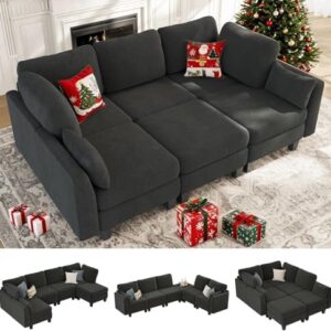Sectional Sleeper Sofa, 6 Seaters Modular Sleeper Sofa Couch, Comfy Sectionals Couches Bed, Convertible Sofas with Ottomans, Modular Sectional Couches for Living Room, Dark Grey