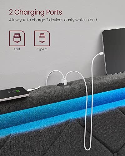 VASAGLE LED Bed Frame Full Size, Full Bed with Headboard and 4 Drawers, 1 USB Port and 1 Type C Port, Adjustable Upholstered Headboard 37.1/39.6 Inches, No Box Spring Needed, Dark Gray URMB822G71