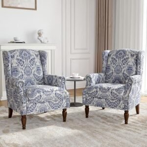 Wingback Accent Chairs Set of 2, High Back Upholstered Armchair for Living Room, Printed Fabric Wingback Arms Chairs with Wood Legs, Single Sofa Reading Chair for Bedroom Office, Navy