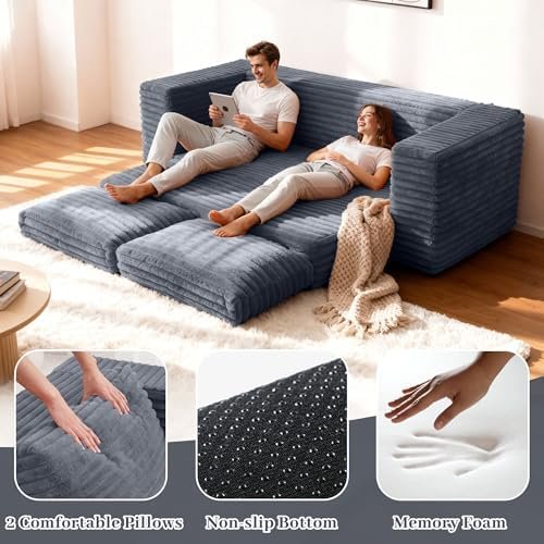 62" Convertible Sofa Bed, 4 in 1 Folding Couch Bed with Corduroy Fabric & 2 Pillows, Pull Out Floor Couch for Living Room, Bedroom, Apartment (Dark Grey)