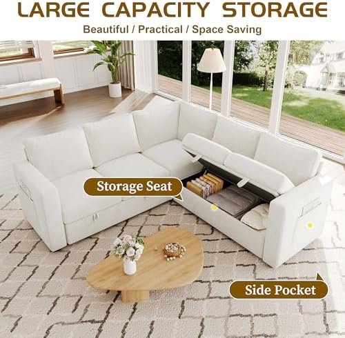 83.5" Sectional Sleeper Sofa with Pull Out Couch, Modern 5 Seat L Shaped Modular Couch, Sectionals Modular Sofa with Storage, Comfy Sectional Couches for Living Room & Apartment, Light Beige