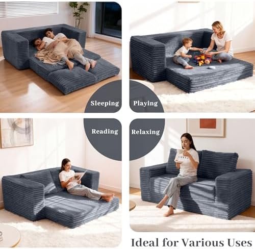 62" Convertible Sofa Bed, 4 in 1 Folding Couch Bed with Corduroy Fabric & 2 Pillows, Pull Out Floor Couch for Living Room, Bedroom, Apartment (Dark Grey)